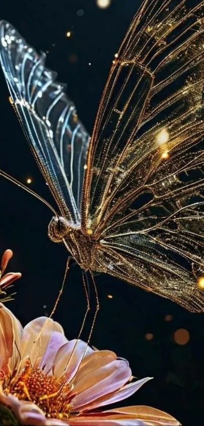 A glittering butterfly with delicate wings rests on a colorful flower.