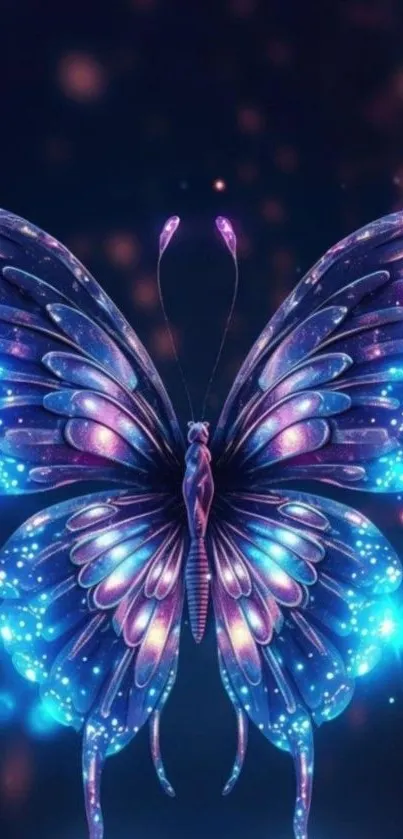 Glowing neon butterfly with colorful wings on dark background.