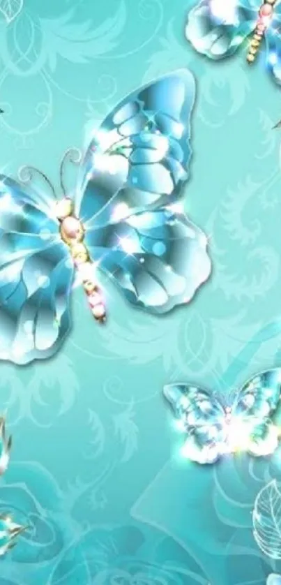 Glowing turquoise butterfly wallpaper with floral accents.