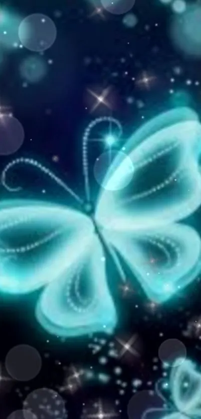 Glowing butterfly with aqua hues on a starry background.