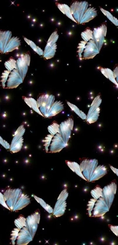 Mobile wallpaper with glowing butterflies on a starry black background.