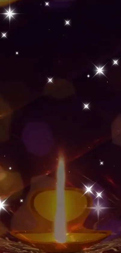 Glowing candle with stars in dark sky.