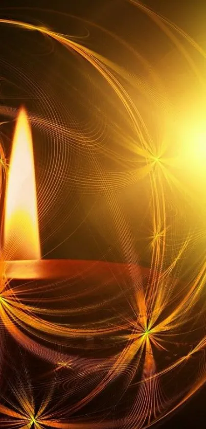 Glowing candle with artistic light swirls in a golden hue.