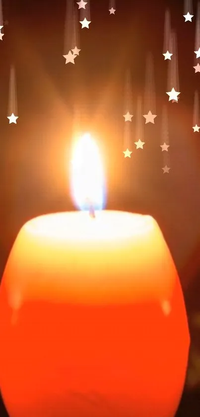 Bright candle with glowing light and stars on a dark background.