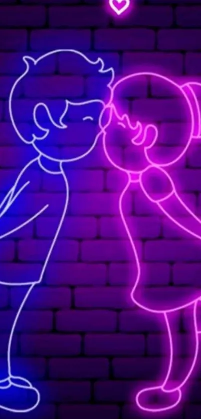 Neon cartoon couple kissing on purple brick.