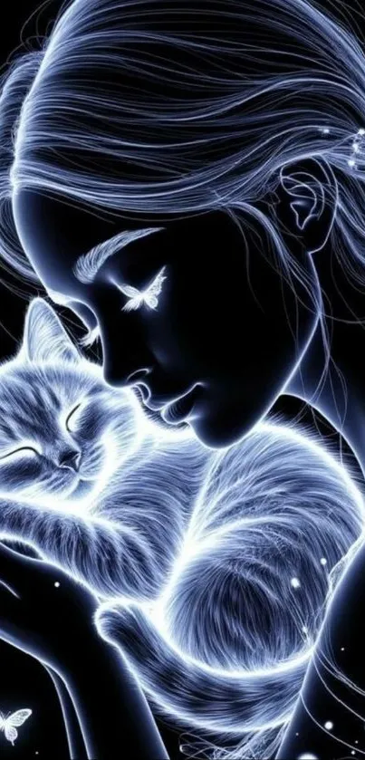Digital art of a glowing girl embracing a radiant cat in darkness.