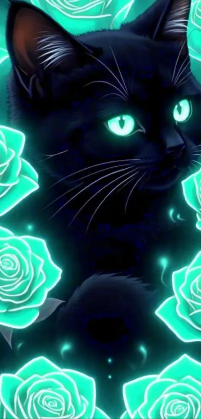 Black cat surrounded by glowing teal roses in digital art.