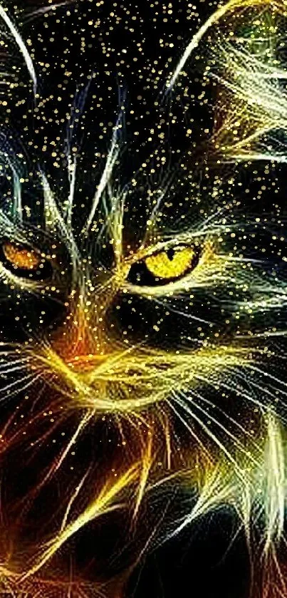 Glowing neon lines create cat art on a dark background.