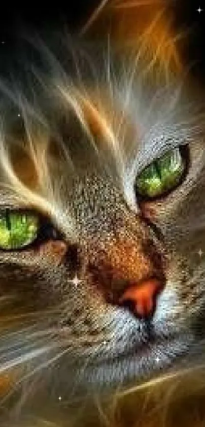 Stunning glowing cat with vibrant green eyes and fiery fur on a dark background