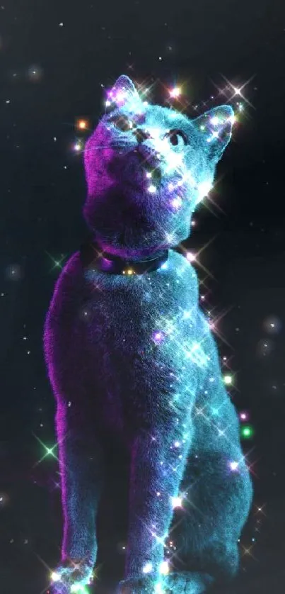 Neon cat with sparkling effects on dark background.