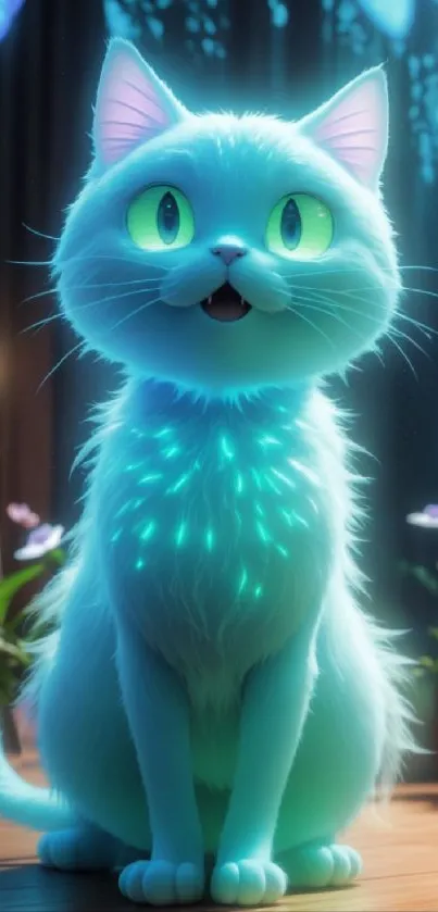 Neon blue glowing cat with green eyes and flowers, fantasy wallpaper.