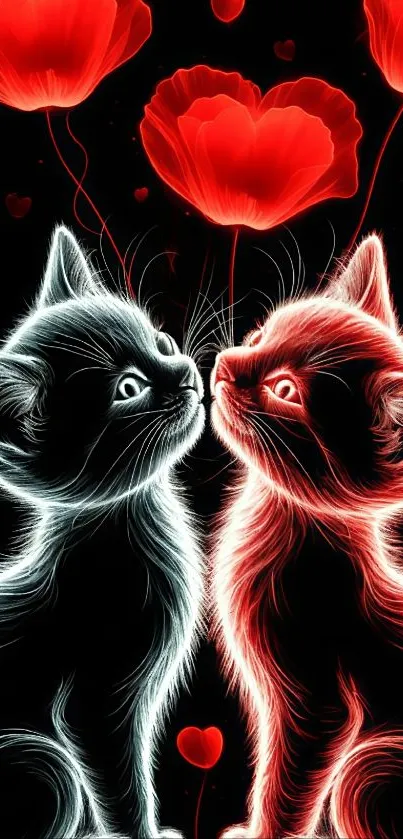 Glowing cats with red poppies wallpaper