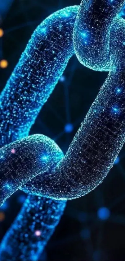 Glowing digital art of a blue chain with a network theme.