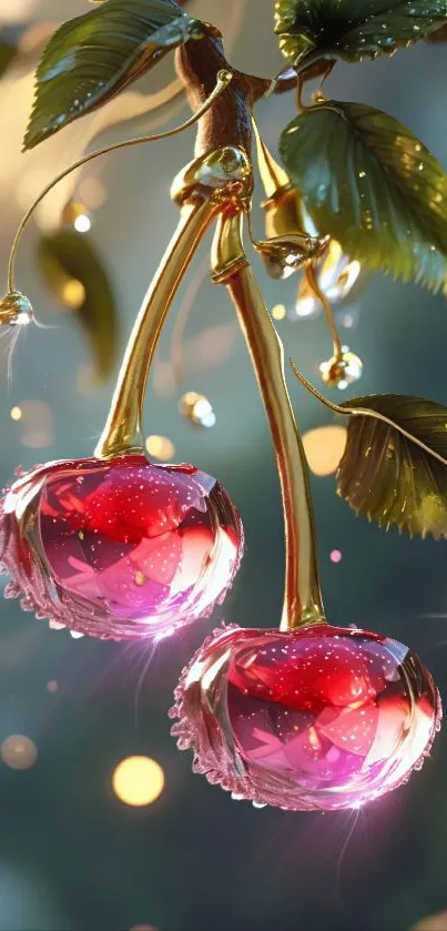 Fantasy wallpaper of glowing cherries with sparkling details.