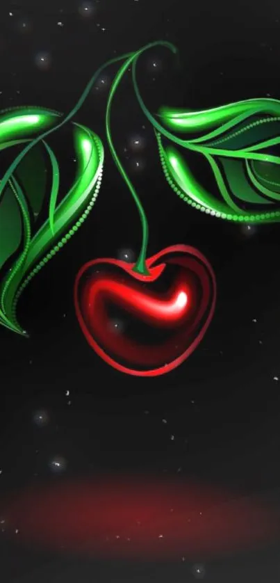 Glowing cherry with green leaves on a starry black background.