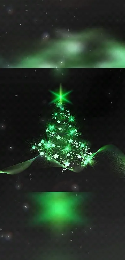 Green glowing Christmas tree with stars on dark wallpaper.