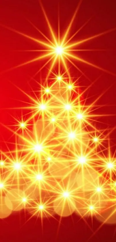 Mobile wallpaper of glowing Christmas tree on red background.