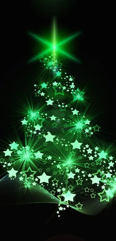 Glowing Christmas tree with sparkling green stars on black background.