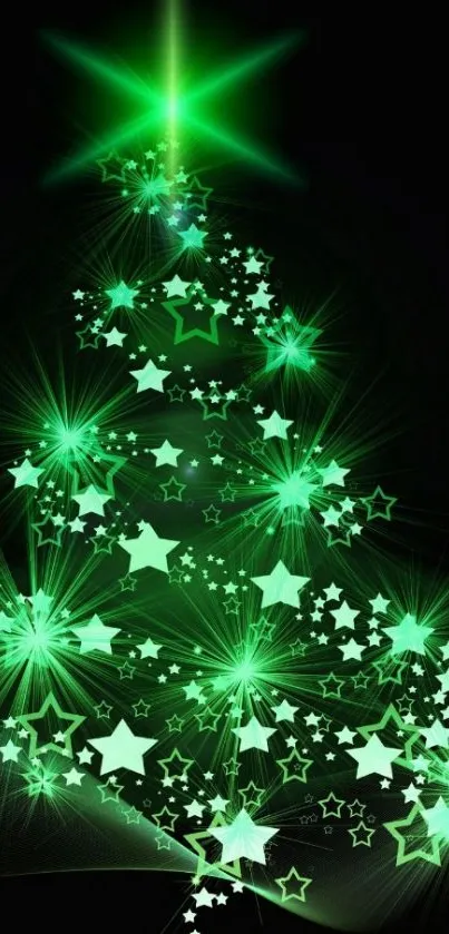 Glowing green Christmas tree with star lights.