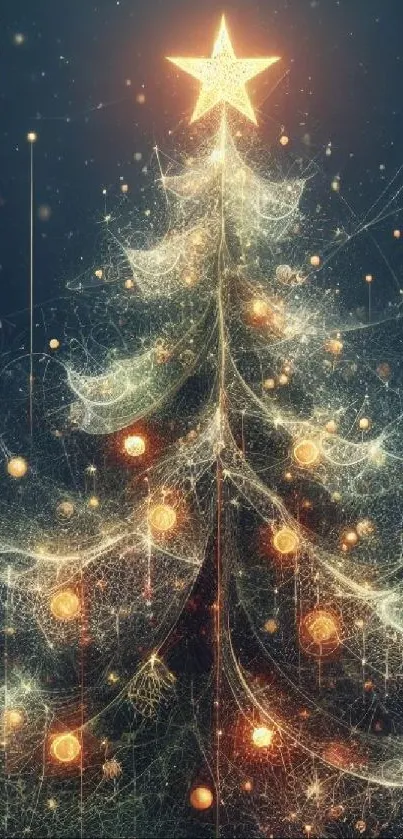 Glowing Christmas tree with star on dark background for festive wallpaper.