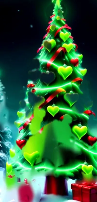 Festive green Christmas tree with hearts and gifts in a snowy setting.