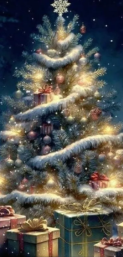 A glowing Christmas tree with lights and gift boxes, perfect for mobile wallpaper.