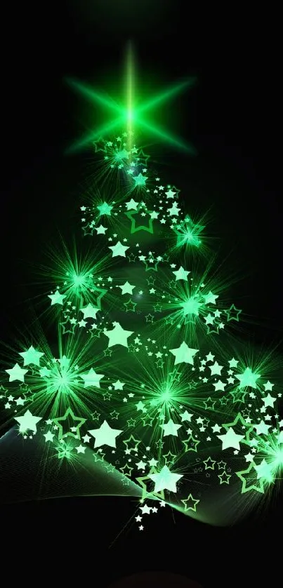 Glowing green Christmas tree with star lights on a dark background.