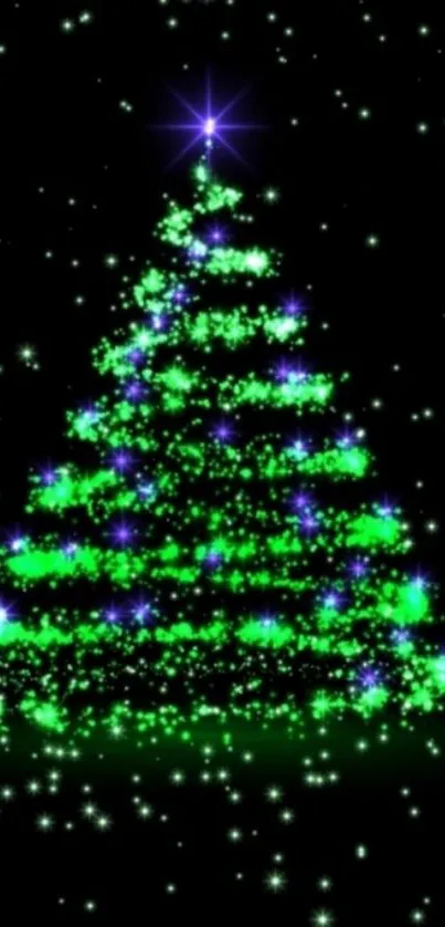 Glowing Christmas tree with sparkling lights on a black background.