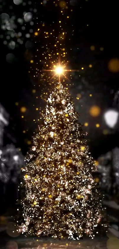 Glowing Christmas tree with golden lights in a dark festive setting.