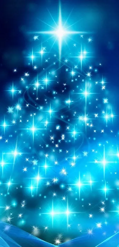 Glowing blue Christmas tree with sparkling lights.