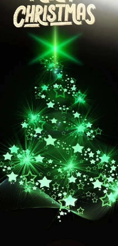 Glowing green Christmas tree wallpaper with stars and Merry Christmas text.