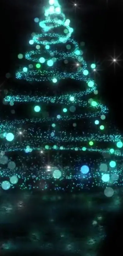 Glowing teal Christmas tree with sparkling lights on a dark background.