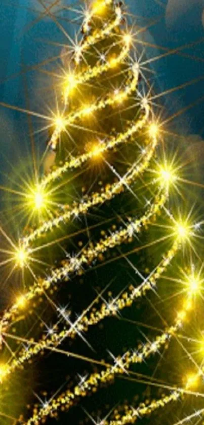 Glowing Christmas tree with golden lights.