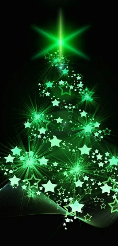 Glowing green Christmas tree with stars on a black background.