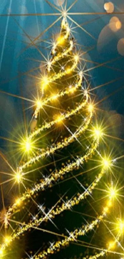 Glowing Christmas tree with bright gold lights on a blue background.