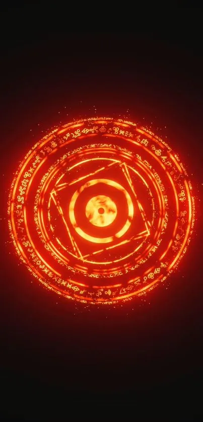 Glowing red-orange digital circle with mystical symbols on a dark background.