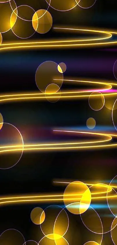 Glowing yellow circles and swirls on black background wallpaper.