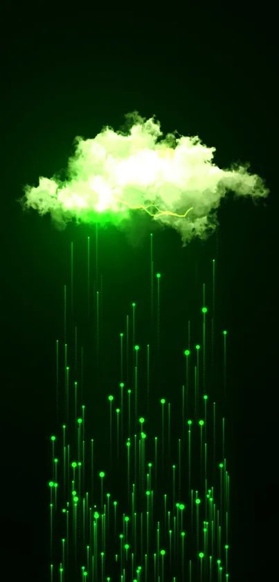 Glowing green cloud with digital rain on black background.