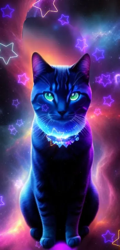 Vibrant cosmic cat with neon stars in a colorful galaxy setting.