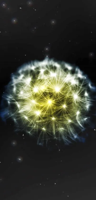 Glowing cosmic dandelion with stars on a dark background wallpaper.