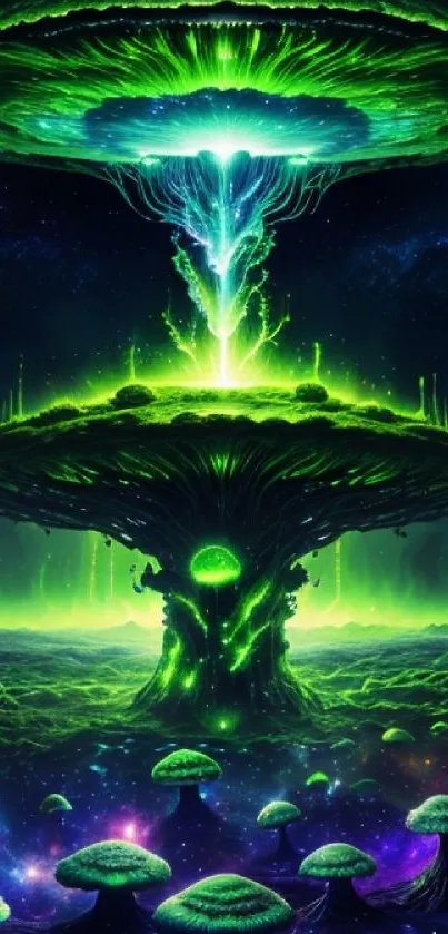 Neon green cosmic fantasy landscape with glowing alien tree and starry backdrop.