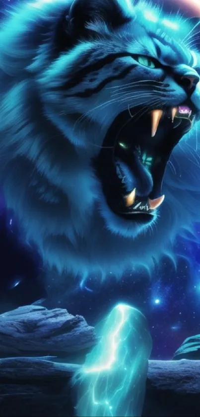 Fierce neon tiger roaring in cosmic space.