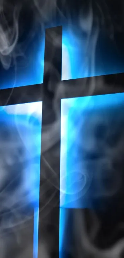 Wallpaper featuring a glowing blue cross on a dark background.