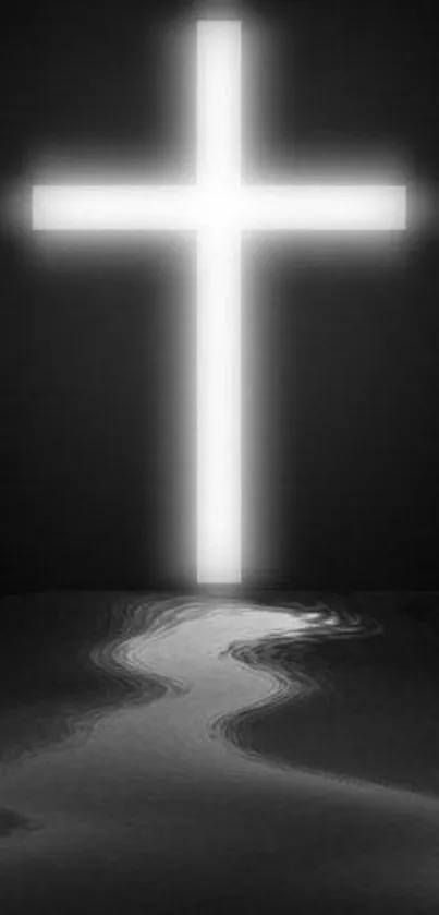 Black-and-white wallpaper with glowing cross and reflection.