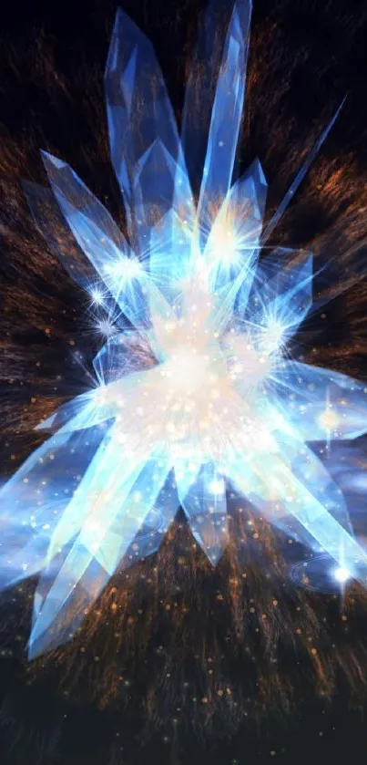 Abstract wallpaper of glowing crystal explosion with blue highlights.