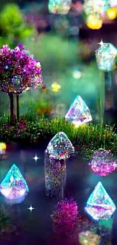 Vibrant mobile wallpaper with glowing crystals and mystical landscape.