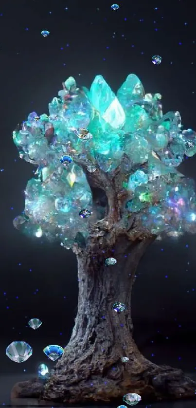 Mobile wallpaper with a glowing crystal tree.