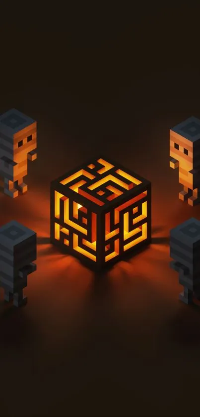 Glowing orange cube surrounded by four pixel figures on a dark background.