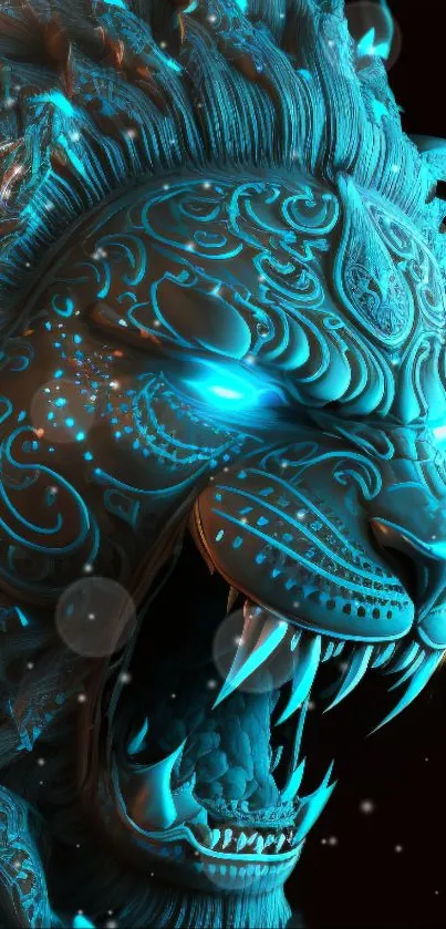 Cybernetic lion with glowing neon patterns and intricate designs.