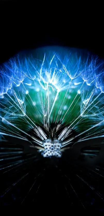 Glowing abstract dandelion art in blue and green hues, perfect for mobile wallpaper.